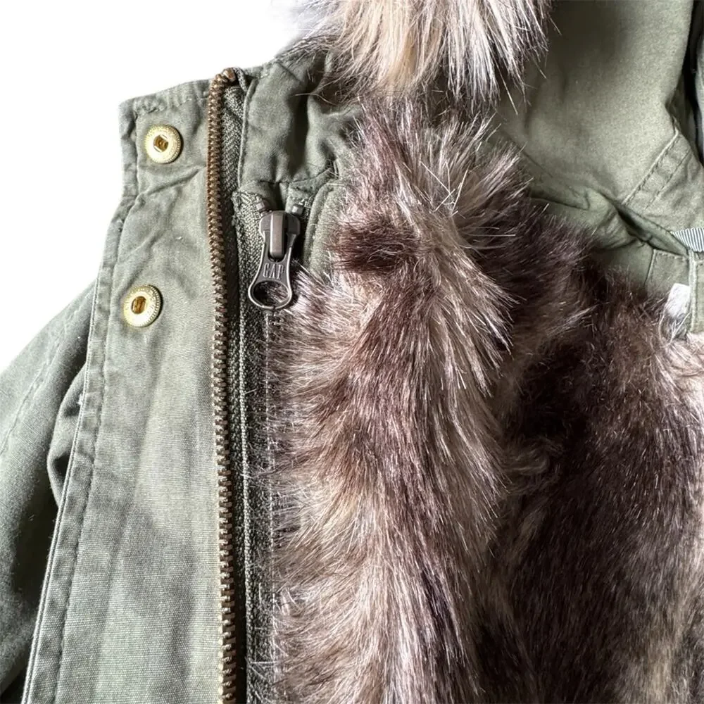 Gap Kids’ 3 in 1 Army Green Hooded Parka Jacket Faux Fur Liner Hood Trim Size 5
